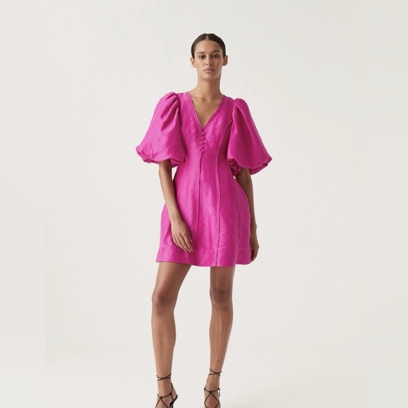 Aje Dresses & Skirts - Aje Dusk Puff Sleeve Mini Dress Azalea Pink Size 6 Button Front Party Cocktail